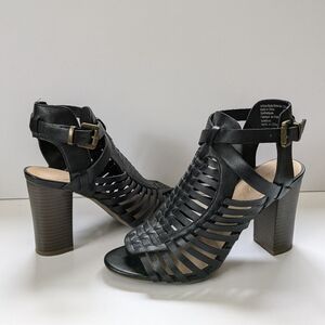 American Eagle Strappy Black Sandals Size 6 Like New 3 1/2" Heel Boho Summer